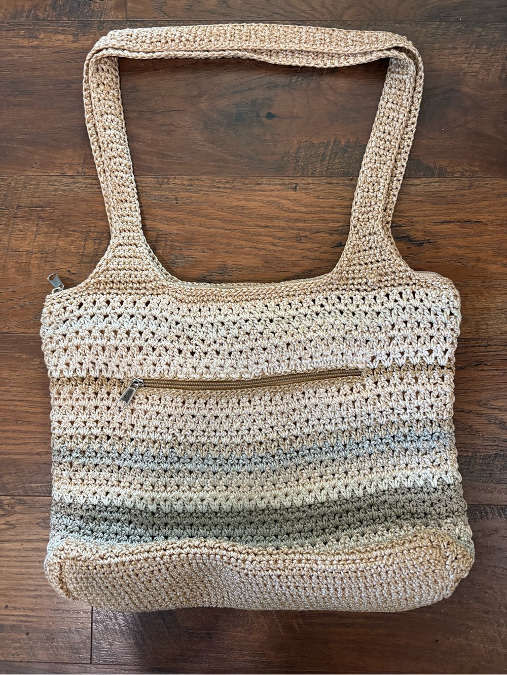 The Sak Crochet Shoulder Bag in Beige and Taupe Stripes